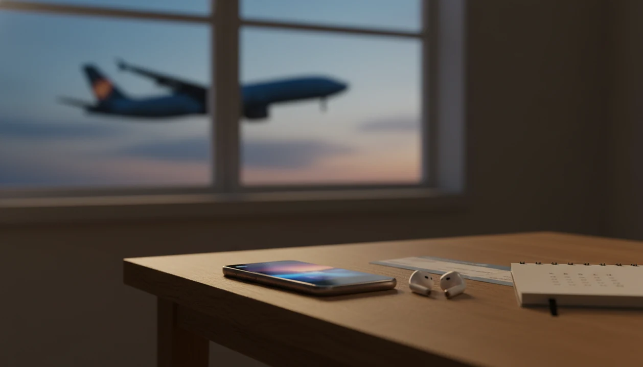 A phone, earbuds, and notebook are arranged for calm flight exposure practice at home.