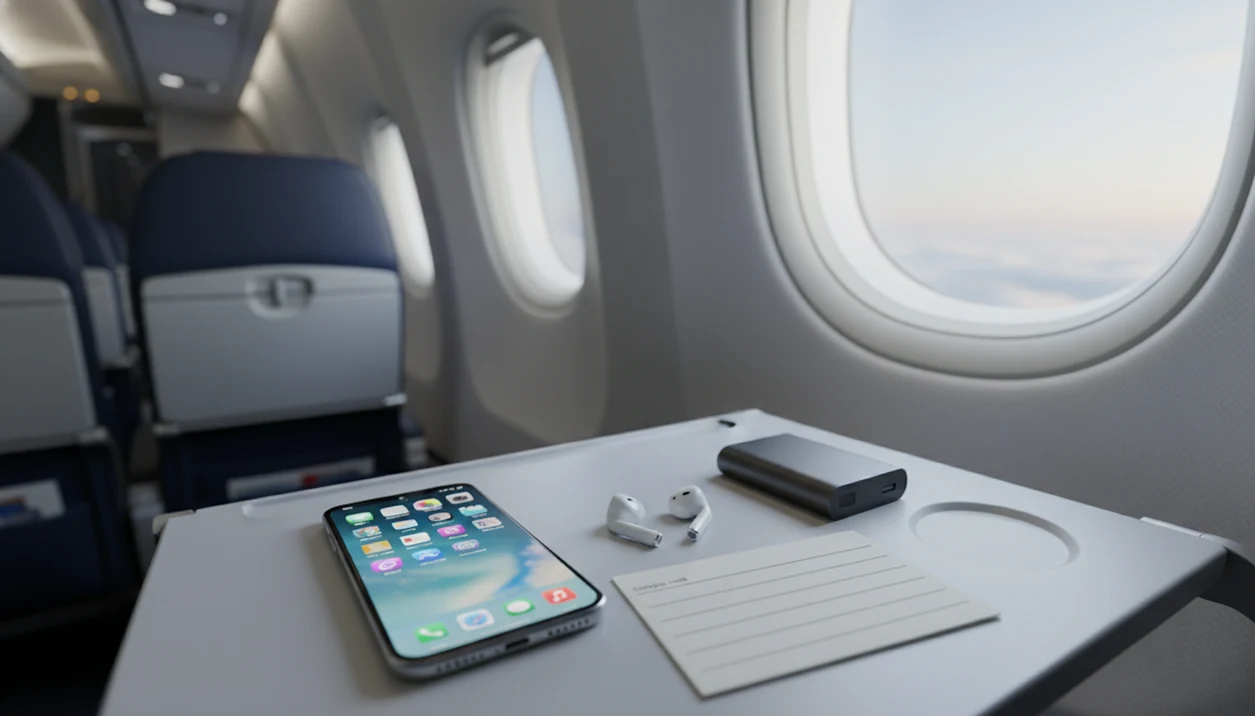 A phone, earbuds, power bank, and coping card sit on an airplane tray table beside a bright window.