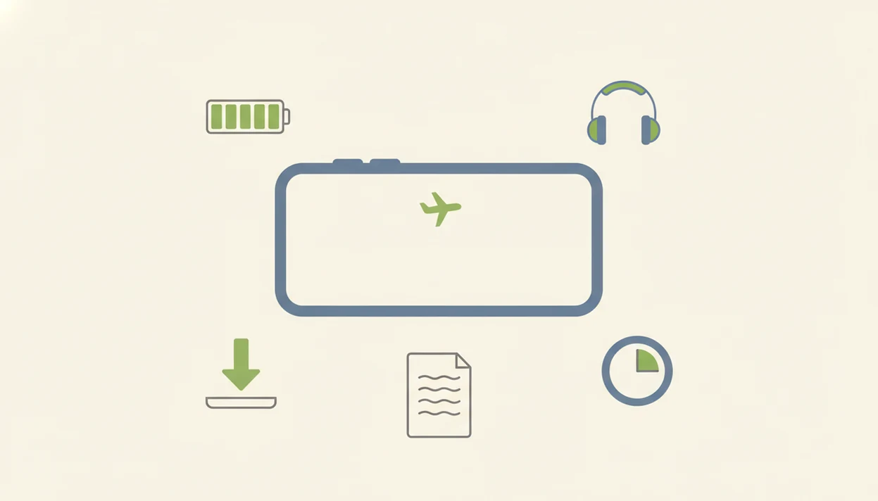 A wordless preflight checklist illustration shows a phone with battery, headphones, downloads, timer, and notes icons.