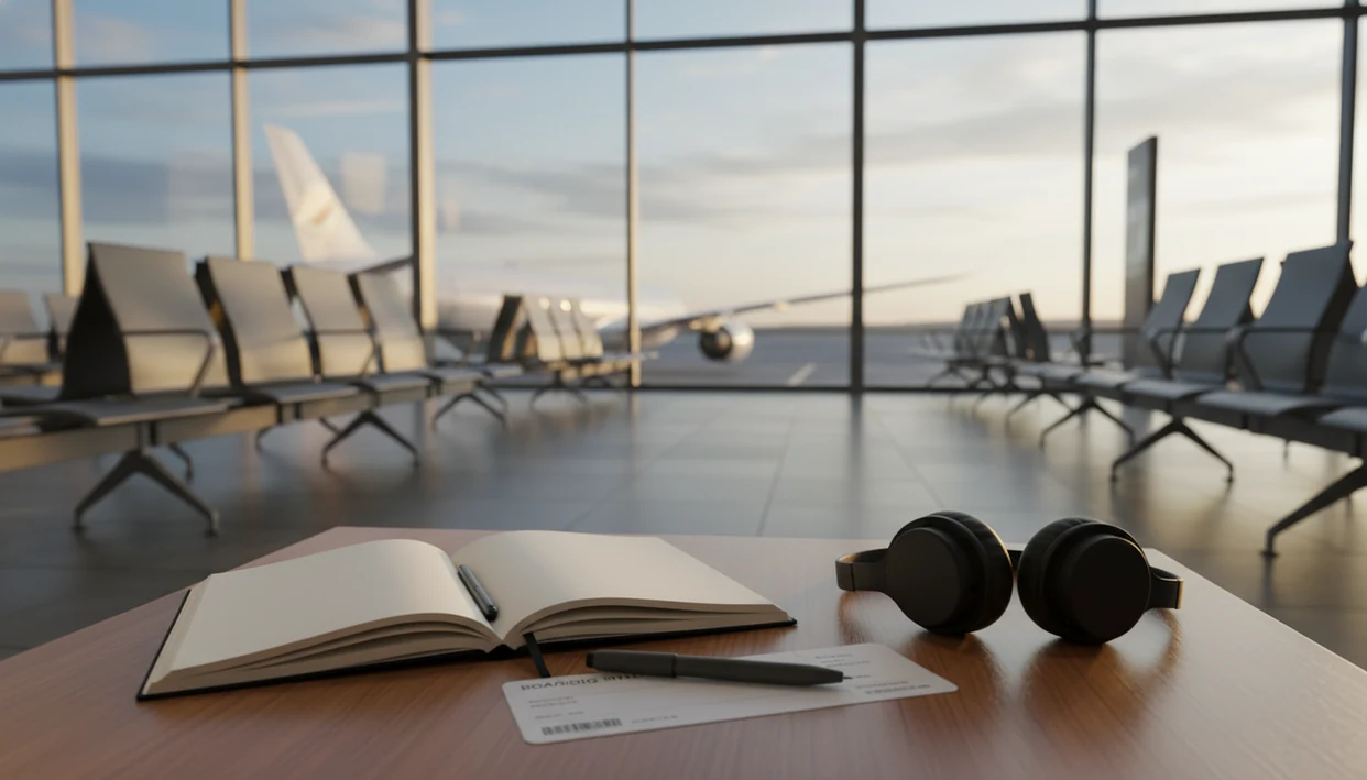 A blank notebook, boarding pass, and headphones sit at an airport gate with a plane waiting outside.