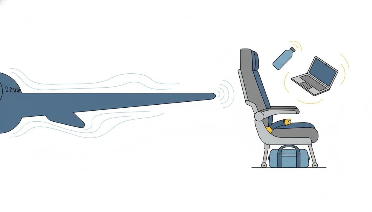 A split illustration contrasts a stable airplane with loose cabin items during turbulence.