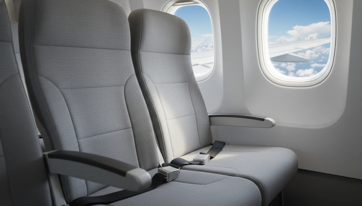 An empty airplane seat with a fastened belt faces a calm sky and wing outside the window.