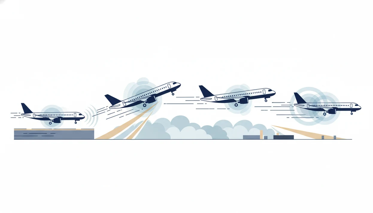 A clean diagram shows sound cues around an airplane during taxi, takeoff, cruise, and landing.
