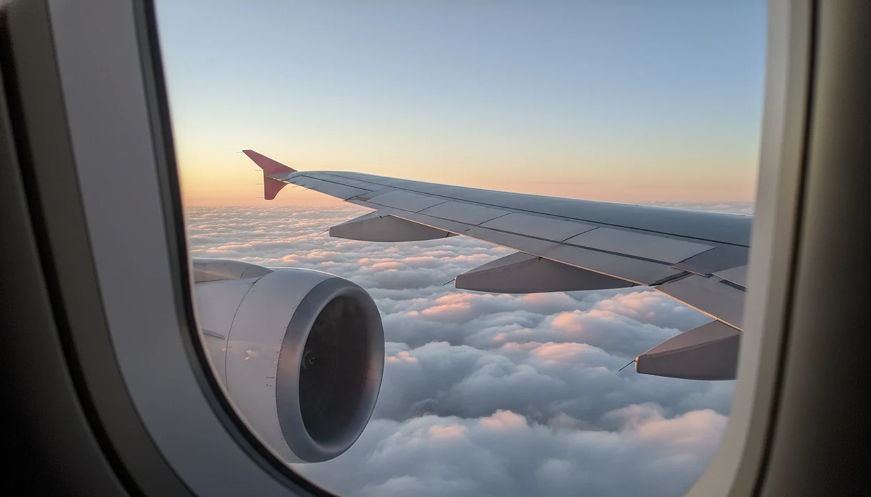 A calm view from an airplane window shows the wing above clouds during a quiet morning climb.