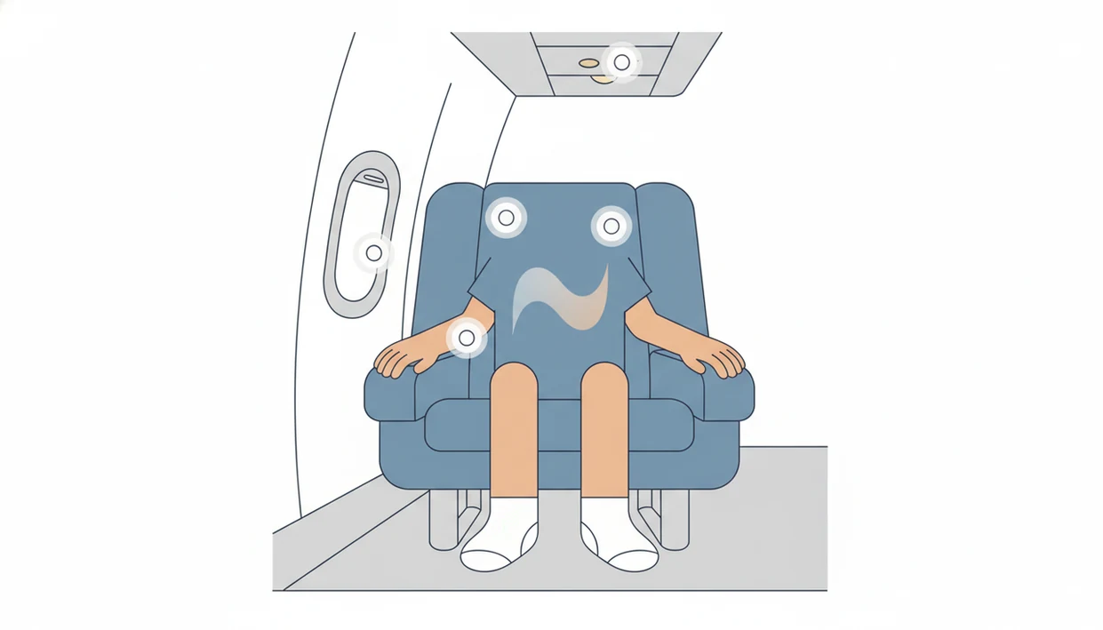 An illustrated in-seat panic plan showing feet grounded, relaxed hands, and calm breathing cues.