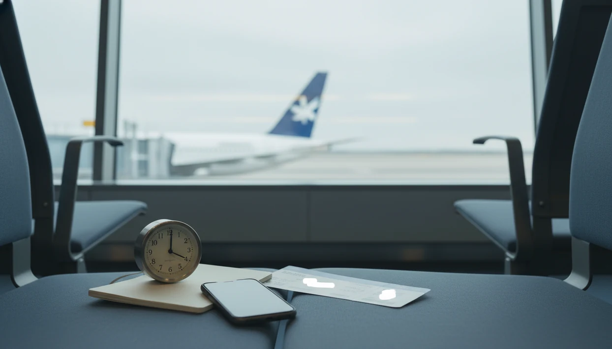 A phone face down on an airport table with a blurred boarding pass and plane beyond the window.