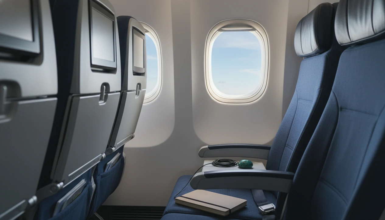 An empty airplane seat with a fastened seatbelt and small coping objects nearby in soft daylight.