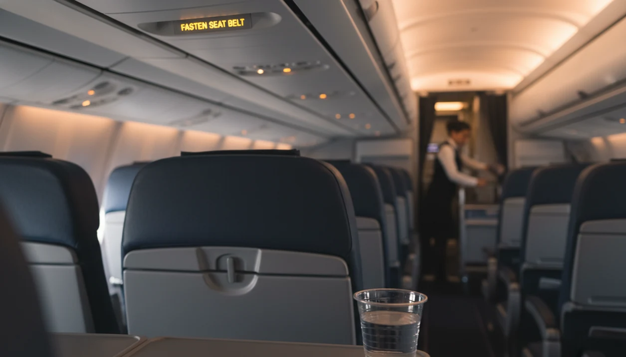 A calm airplane cabin shows seat belt lights, seated passengers, and a rippling drink during mild turbulence.