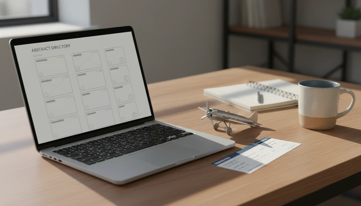 A laptop search setup with a model airplane and checklist suggests finding a fear-of-flying therapist.