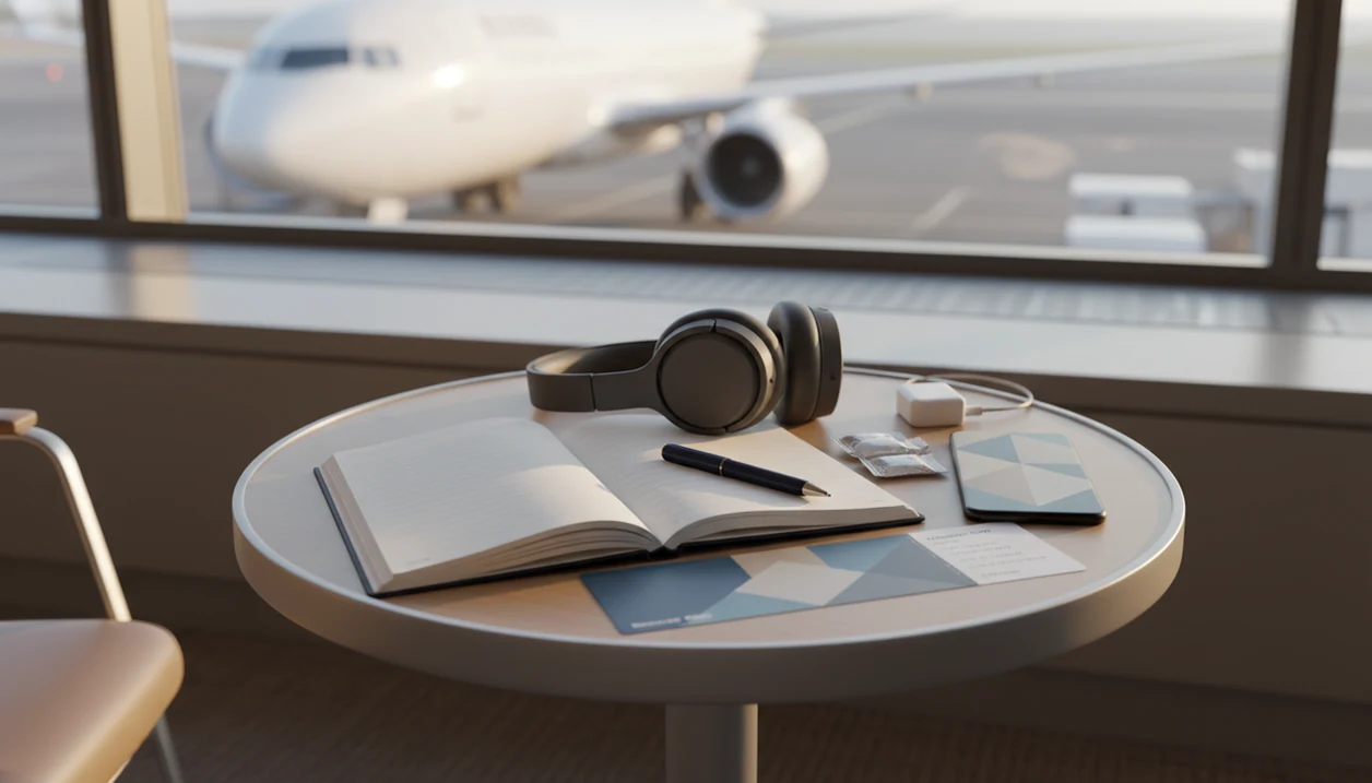 A prepared travel table with a notebook, headphones, phone, and comfort items near an airport window.