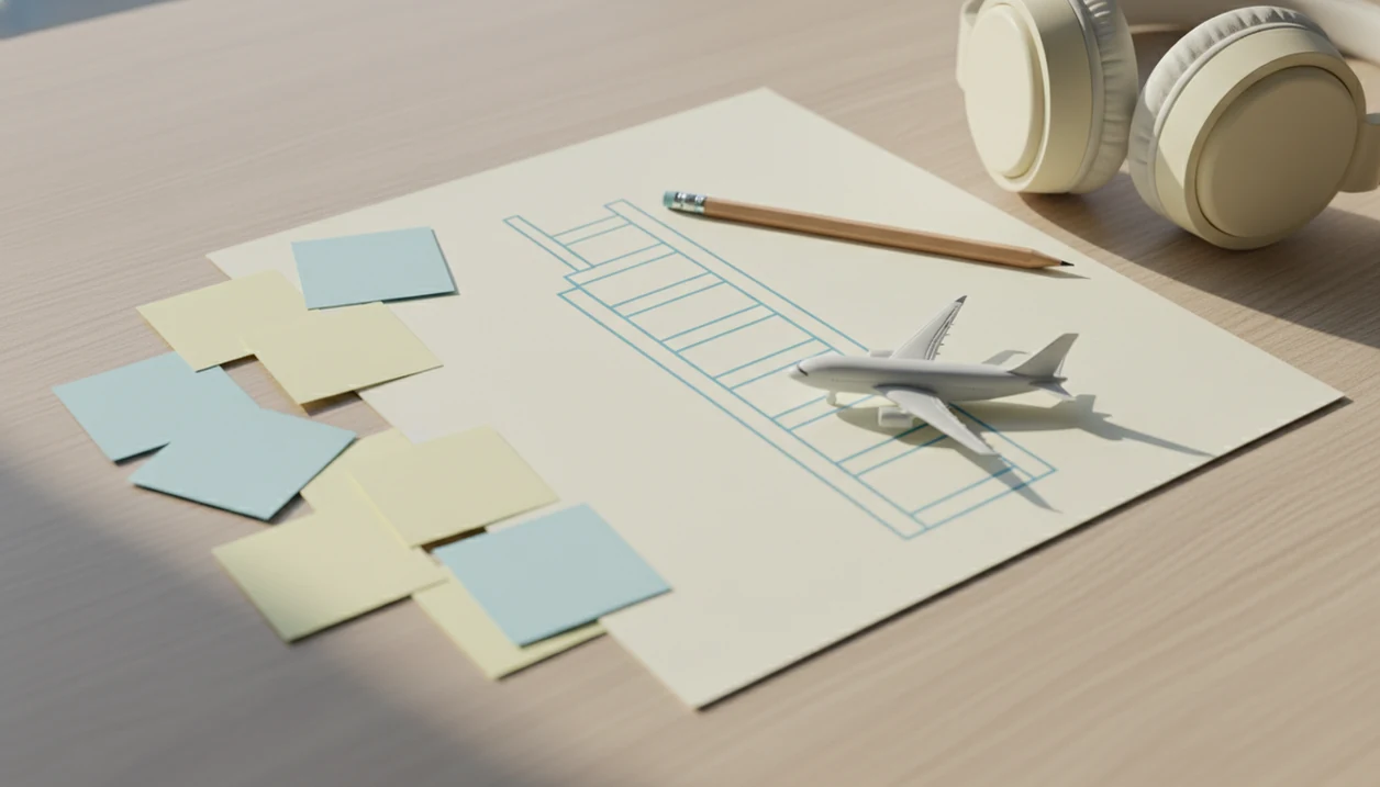 A blank exposure ladder worksheet with sticky notes, a model airplane, pencil, and headphones on a desk.