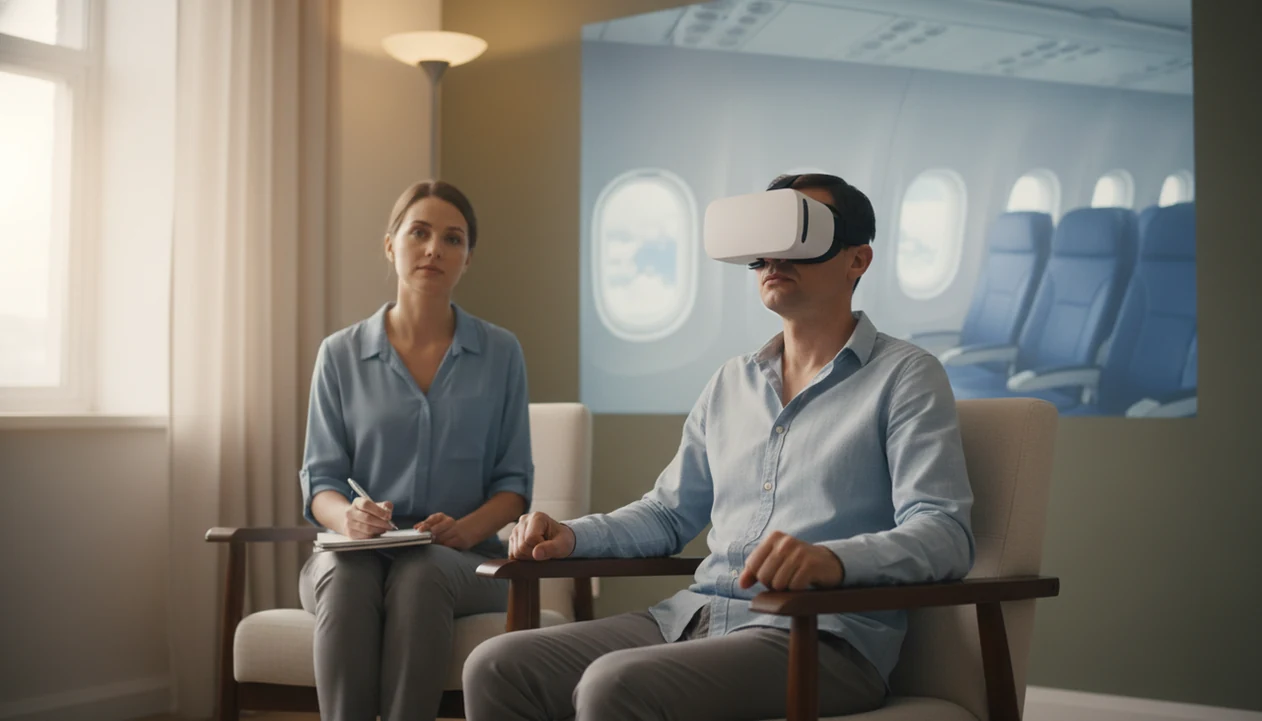 A person uses a VR headset in a therapy office while a therapist guides simulated flight exposure.