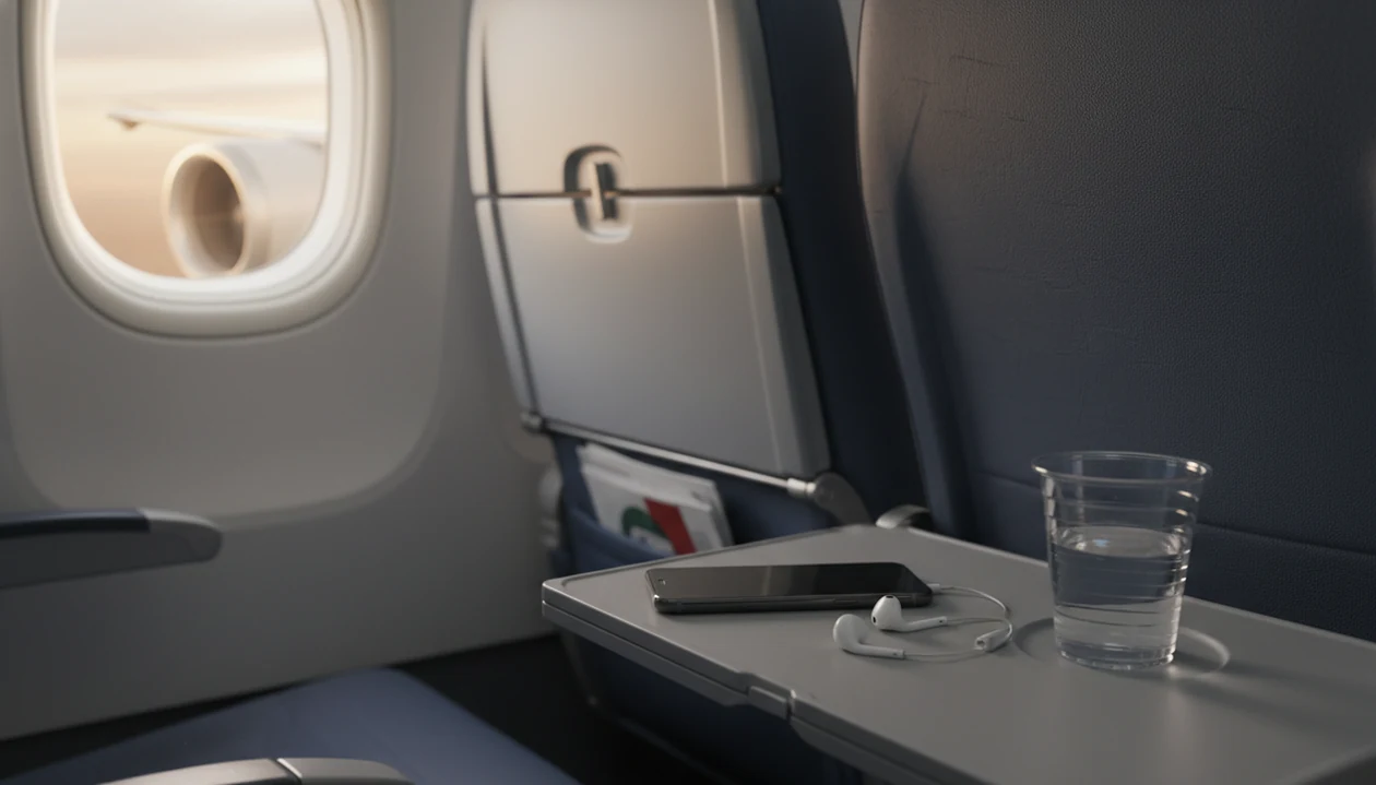 A phone and earbuds rest on an airplane tray table while the wing and engine blur beyond the window.