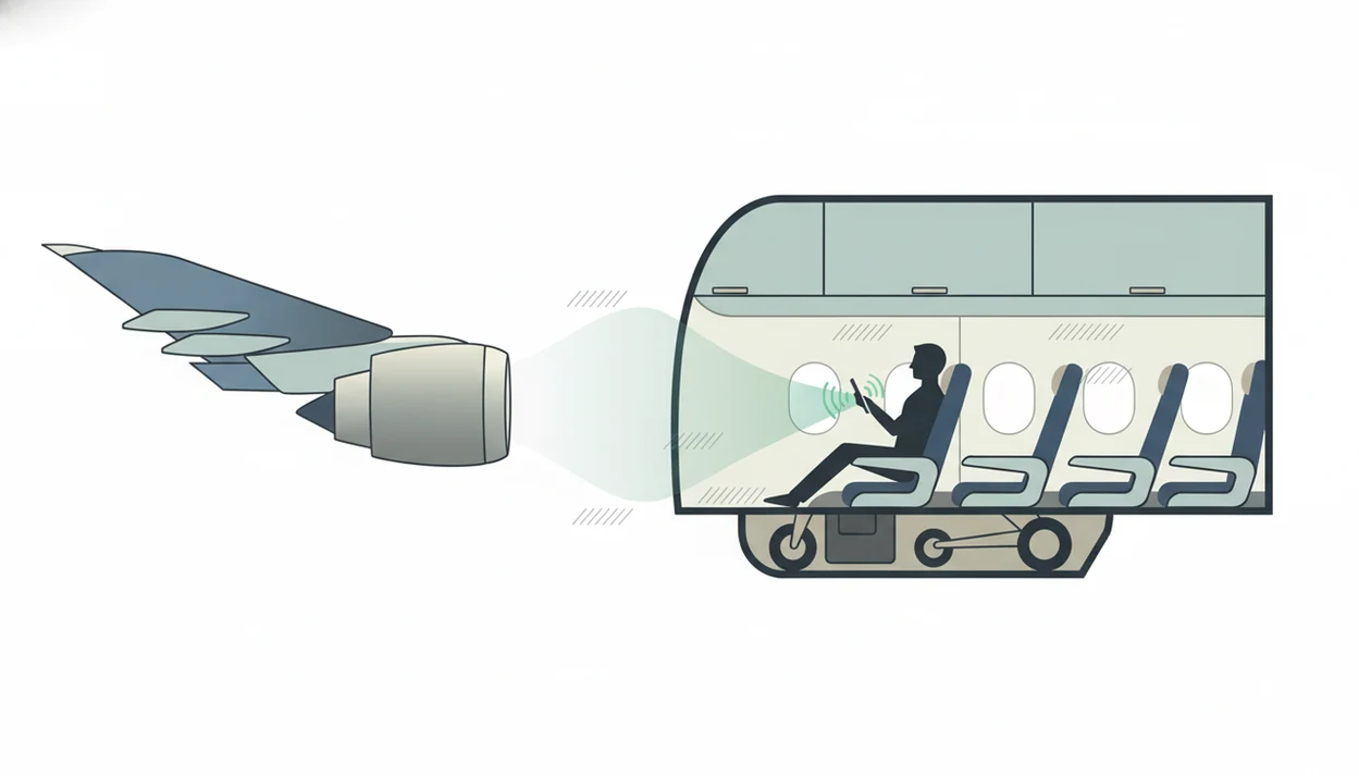 A clean cutaway diagram shows engine, gear, and cabin vibrations reaching a phone microphone.