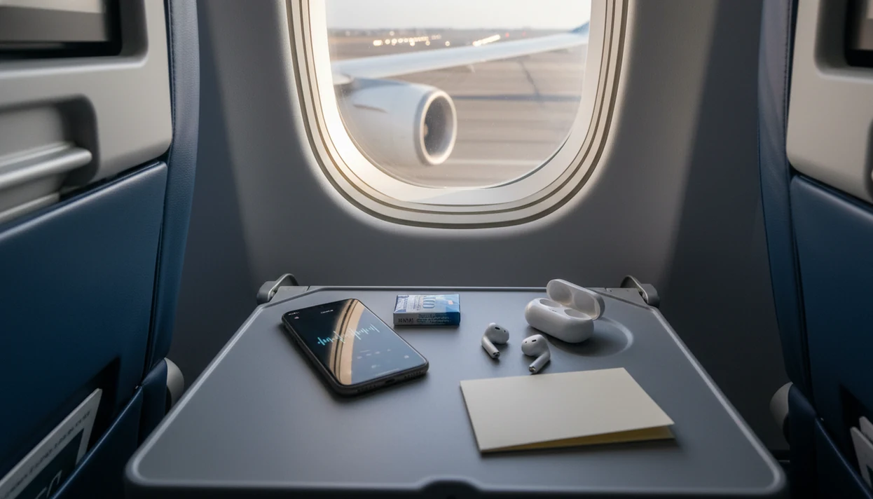 A phone, earbuds, gum, and note card sit on an airplane tray table as the runway blurs outside.