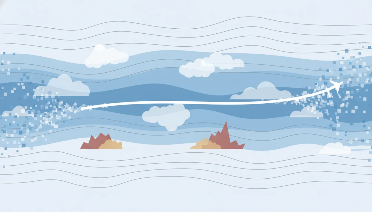 A clean diagram shows a flight path crossing weather layers, jet stream bands, and forecast data points.