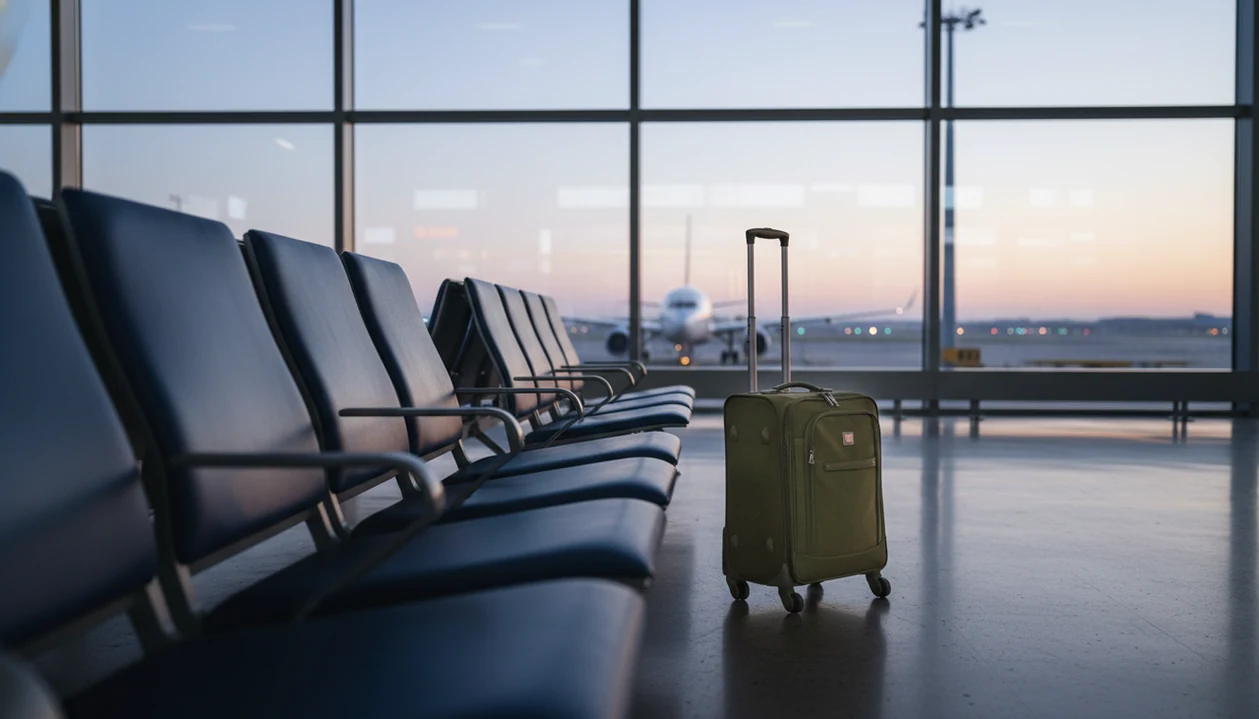 A nervous traveler sits at an airport window looking toward a passenger plane at dawn.