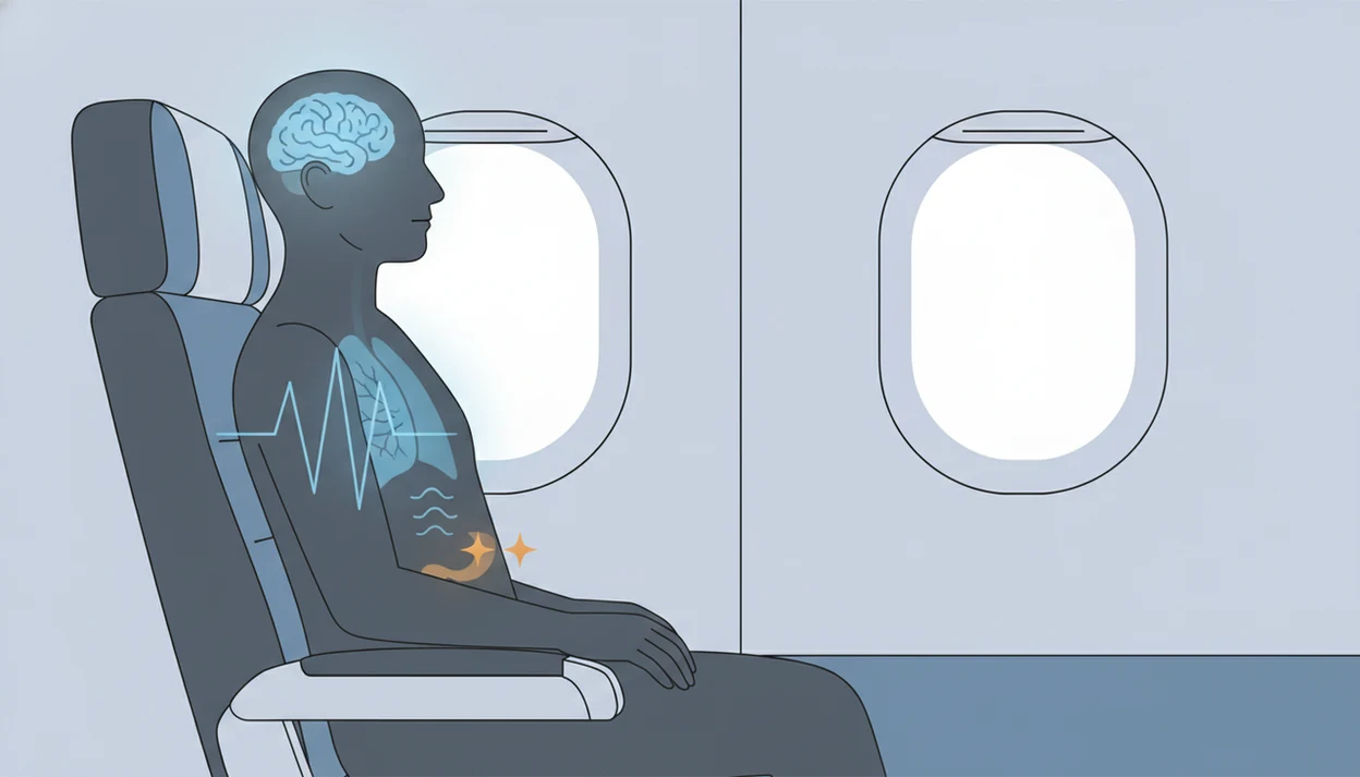 An illustration shows how fear of flying can activate the brain, heart, breathing, and stomach.