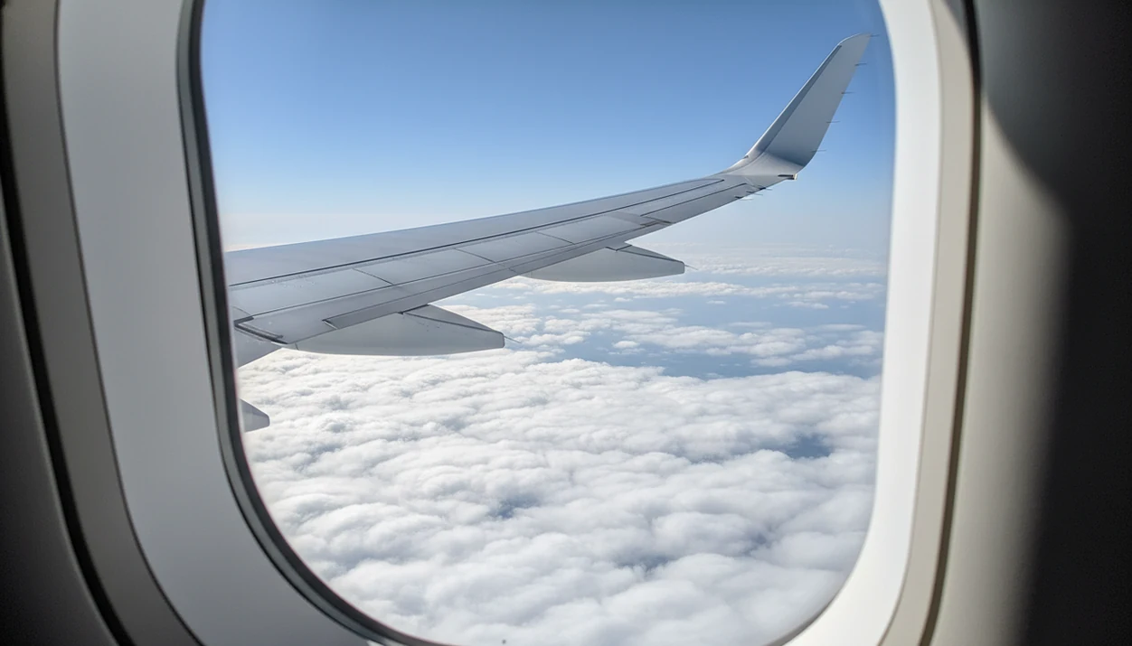 A passenger-window view shows a modern airplane wing flexing gently upward above calm clouds.