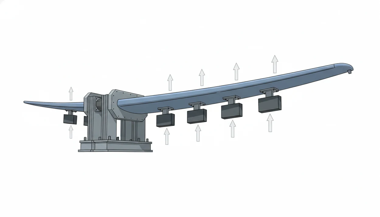 A clean diagram shows an aircraft wing bending upward on a structural test fixture under controlled loads.