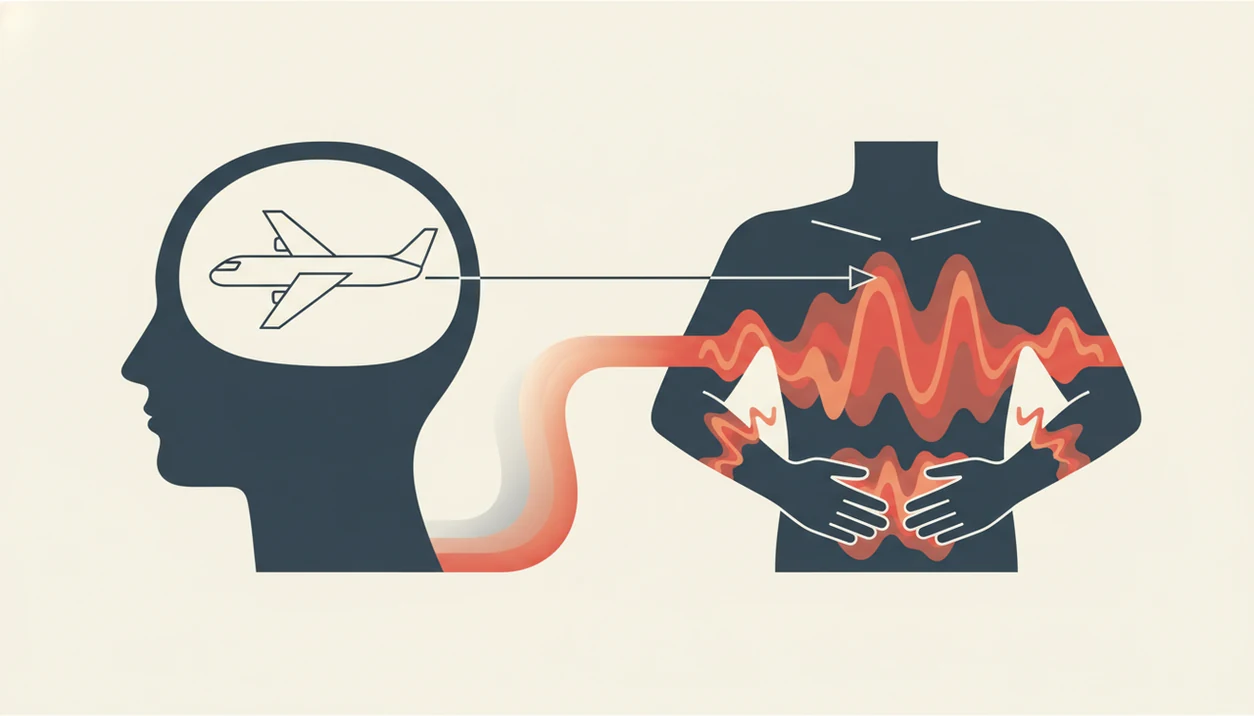 A clean illustration shows a calm airplane thought contrasted with anxious signals in the body.