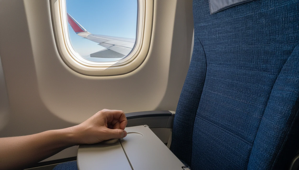 A tense passenger hand grips an airplane armrest while the wing and calm sky are visible outside.