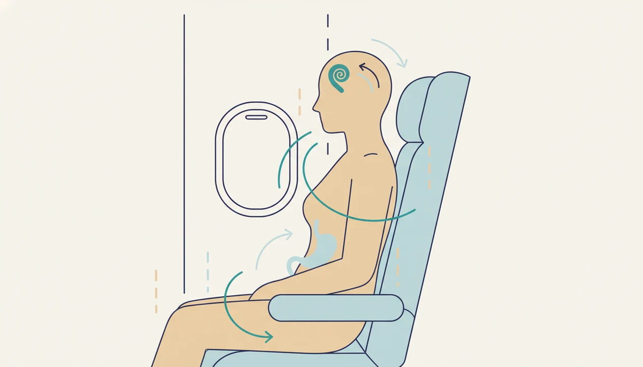 An illustration shows inner ear and stomach cues reacting to vertical motion in an airplane seat.